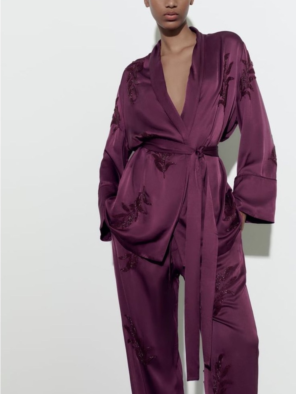 Zara Plum Satin Embroidered Kimono style with Tie Belt